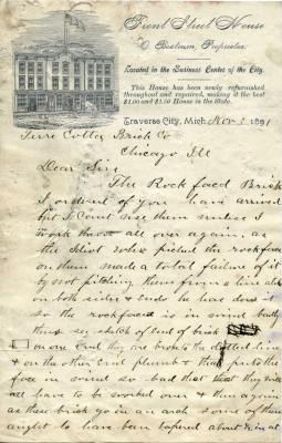 The Front Street House, Traverse City Michigan to Terra Cotta brick Co., November 3, 1891