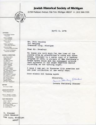 Jewish Historical Society of Michigan Correspondence to Jack Bensley from Devera Steinberg Stocker, April 5, 1978